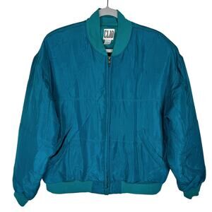Clio Bomber Jacket Women Medium Aqua Blue Full Zip Silk Long Sleeve‎ Elastic Hem